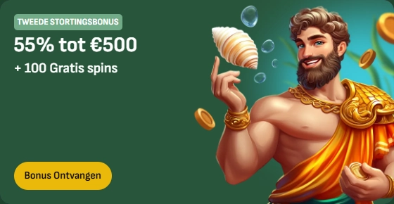 Tweede stortingsbonus 55% tot €500 + 100 gratis spins met man en schelp